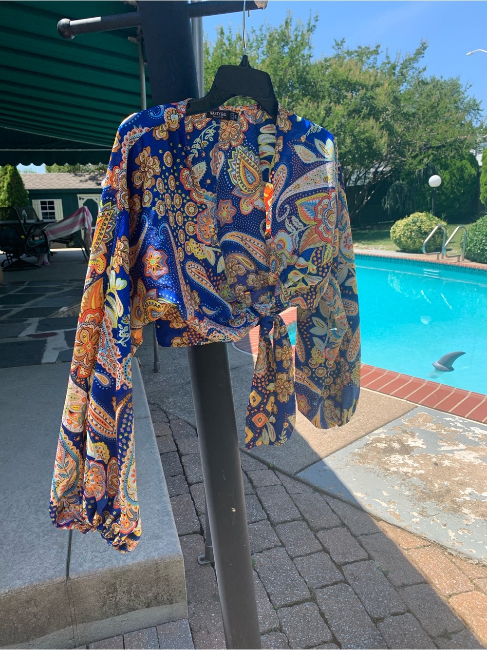 Nasty Gal Blue Multi Paisley Tie-Front Blouse